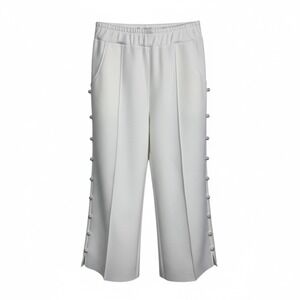 Joh Women's White Wide Leg‎ Pants Pearl Button Trim Pockets Elastic Waist Size L